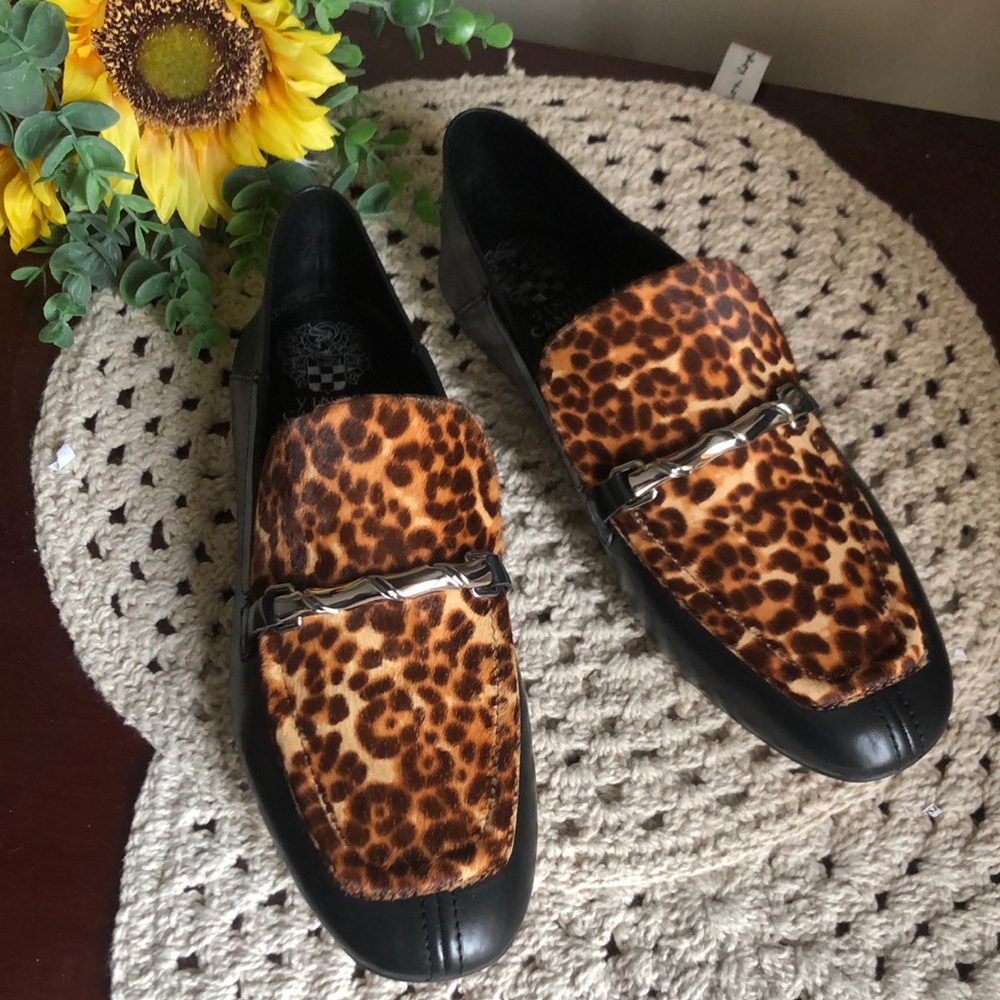 Vince Camuto Black and Leopard Women’s Loafers Flats
